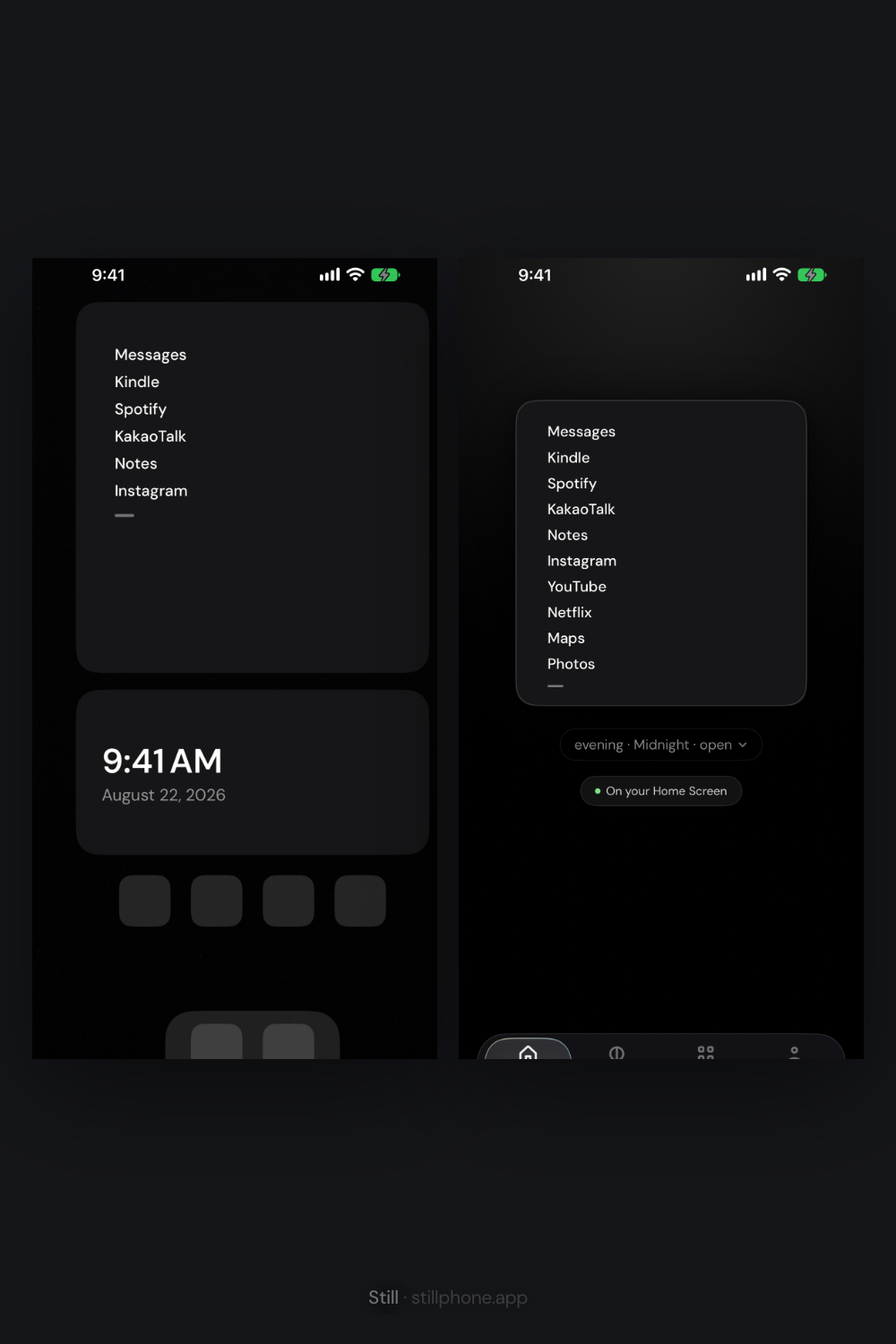 Two iPhones side by side, one showing the folded clock and one the open app list